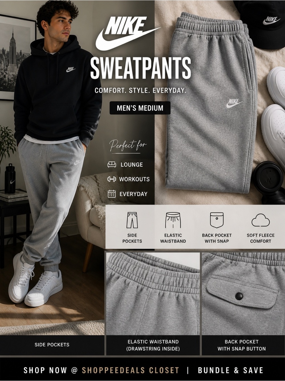 Nike Gray Fleece Sweatpants Joggers Men’s Medium Cozy Athleisure